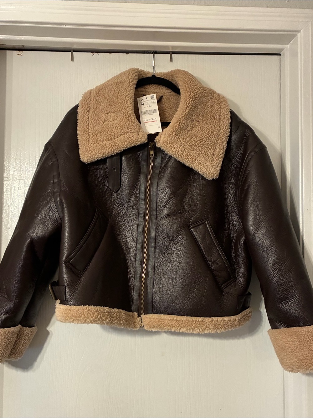 Women's Brown Faux Leather Sherpa Jacket with Contrasting Cream Collar Size M